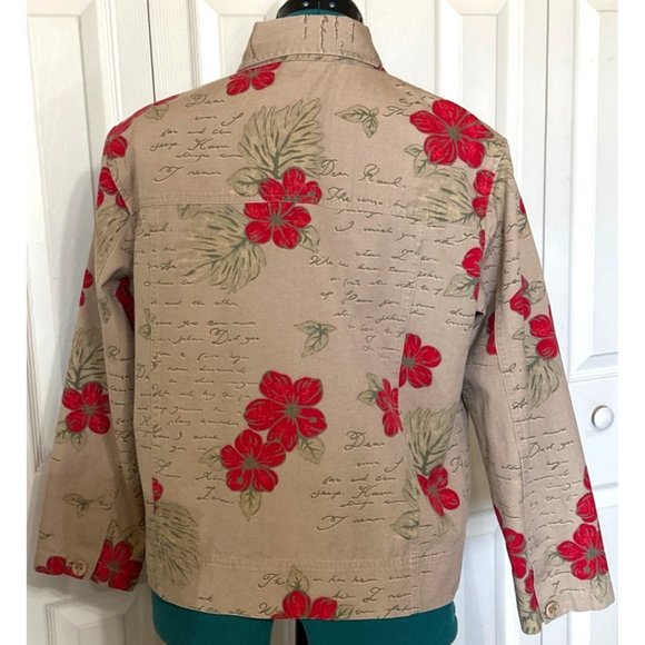 Hearts of Palm Collared Jacket Beige Red Floral Print 100% Cotton Women's Size 8 - Picture 4 of 16